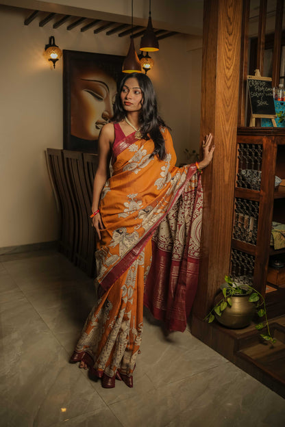 Mustard Soft silk Kalamkari Hand Block Printed Saree