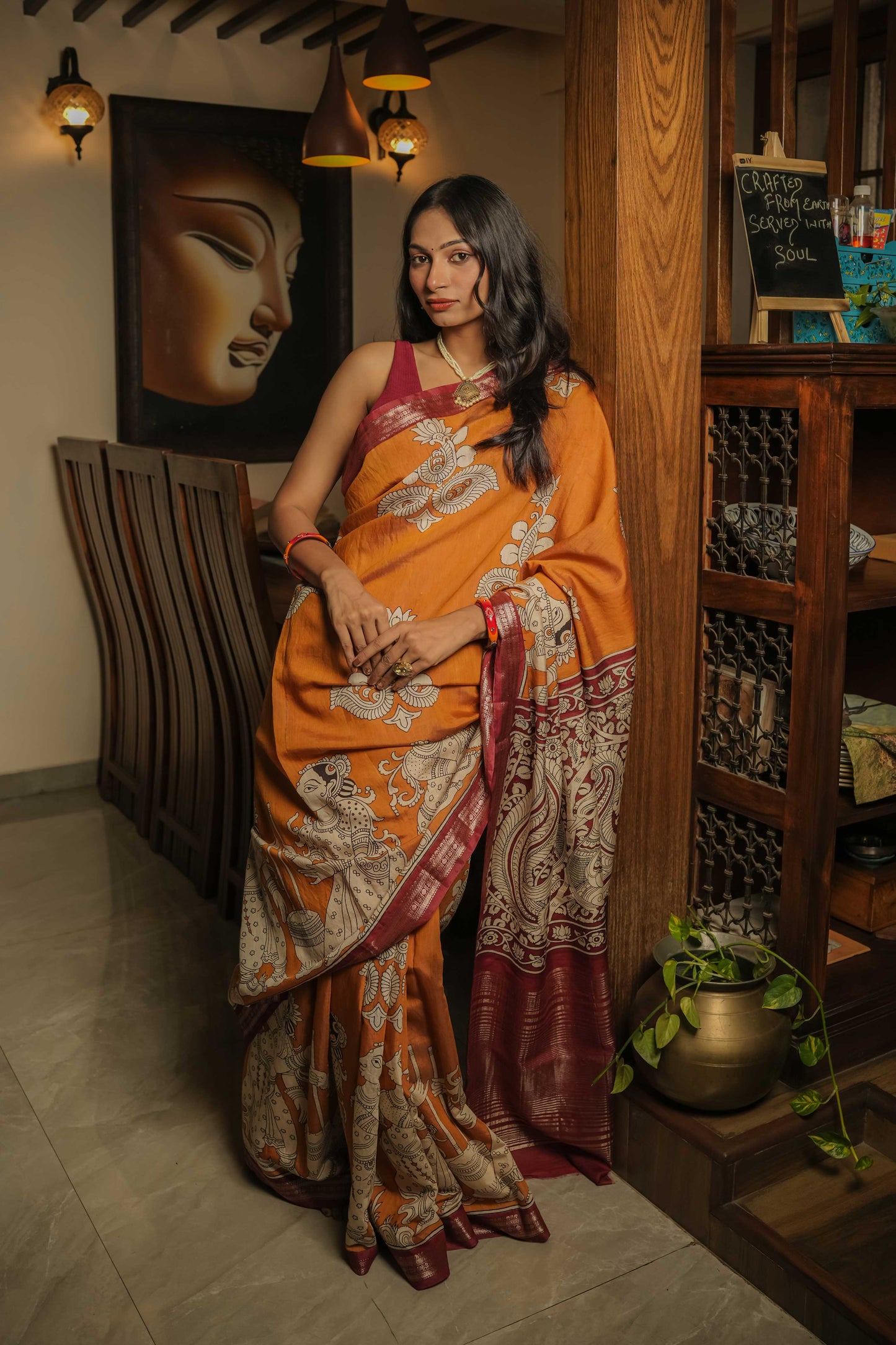 Mustard Soft silk Kalamkari Hand Block Printed Saree