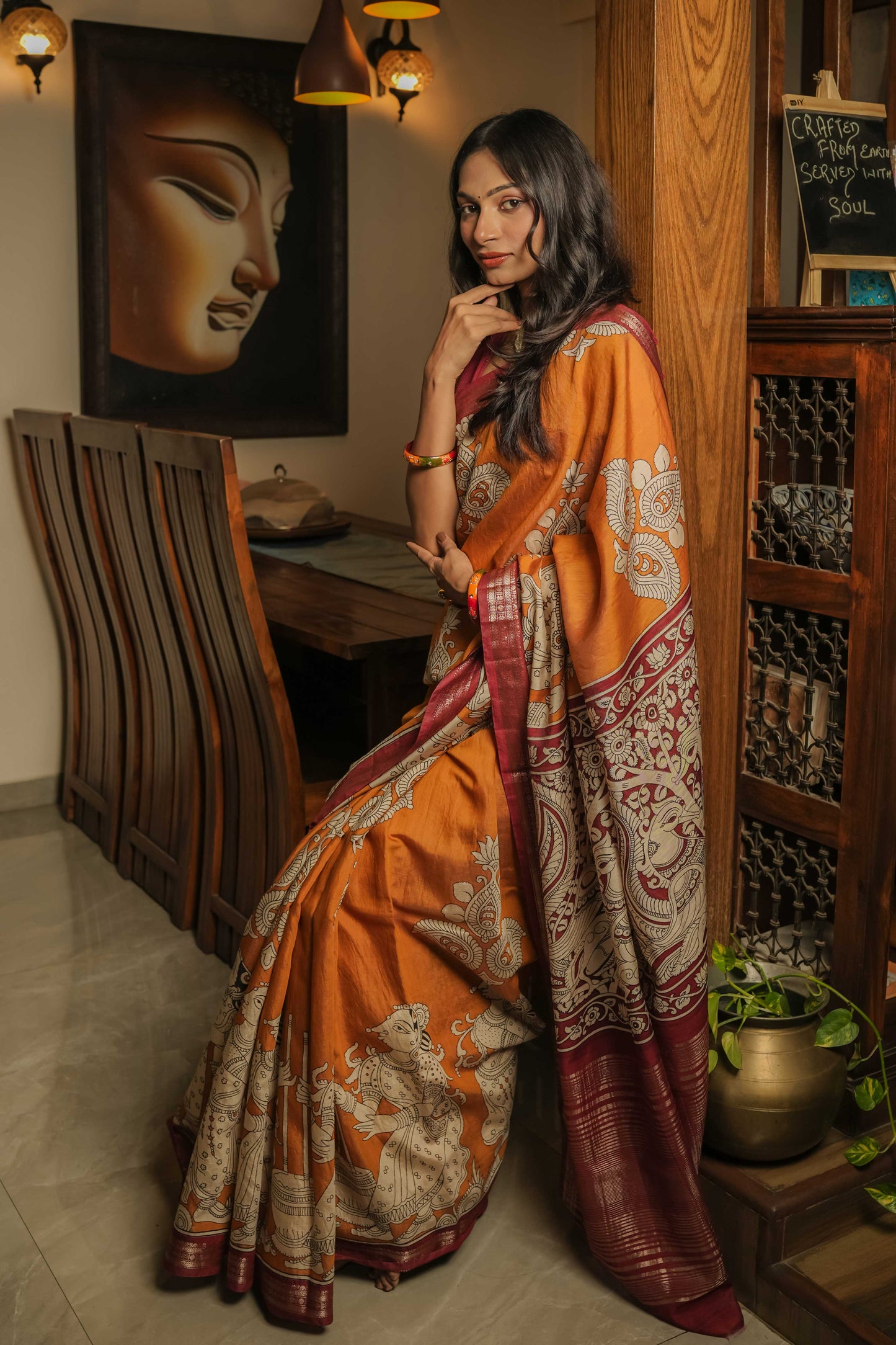 Mustard Soft silk Kalamkari Hand Block Printed Saree