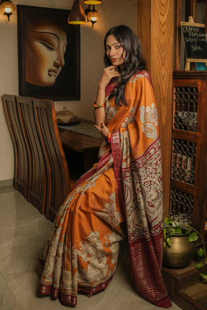 Mustard Soft silk Kalamkari Hand Block Printed Saree