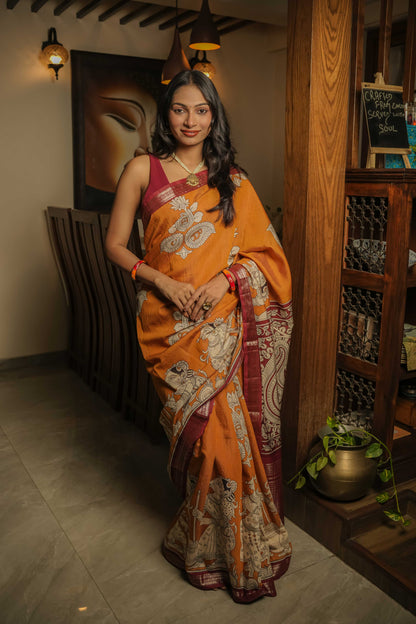 Mustard Soft silk Kalamkari Hand Block Printed Saree