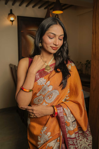 Mustard Soft silk Kalamkari Hand Block Printed Saree