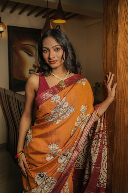 Mustard Soft silk Kalamkari Hand Block Printed Saree