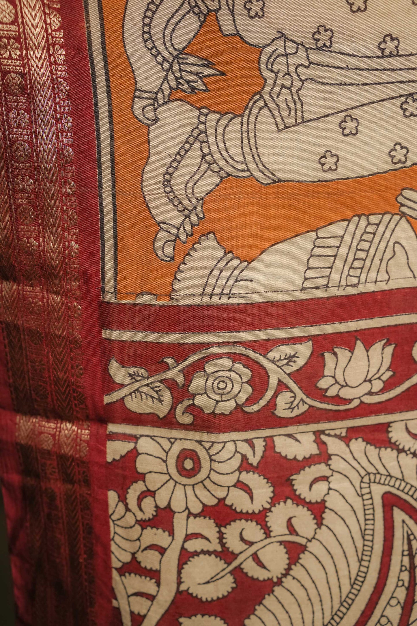 Mustard Soft silk Kalamkari Hand Block Printed Saree