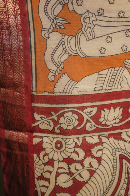 Mustard Soft silk Kalamkari Hand Block Printed Saree