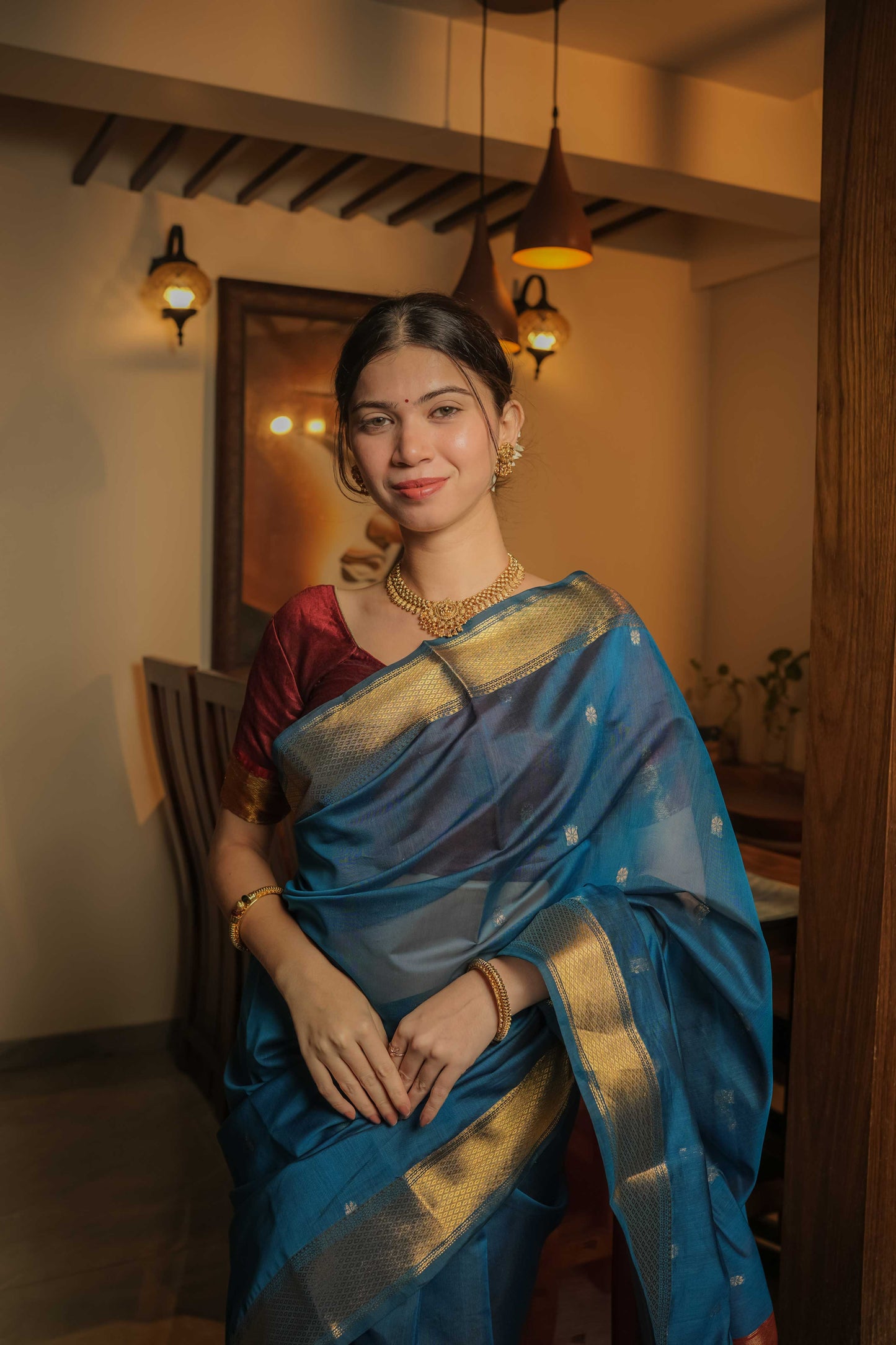 Blue Maheshwari Mulberry Silk Saree