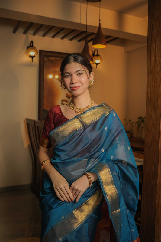 Blue Maheshwari Mulberry Silk Saree