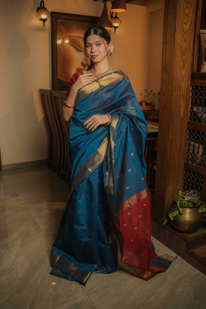 Blue Maheshwari Mulberry Silk Saree