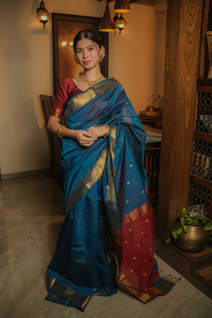 Blue Maheshwari Mulberry Silk Saree