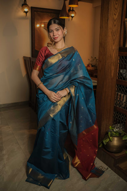 Blue Maheshwari Mulberry Silk Saree