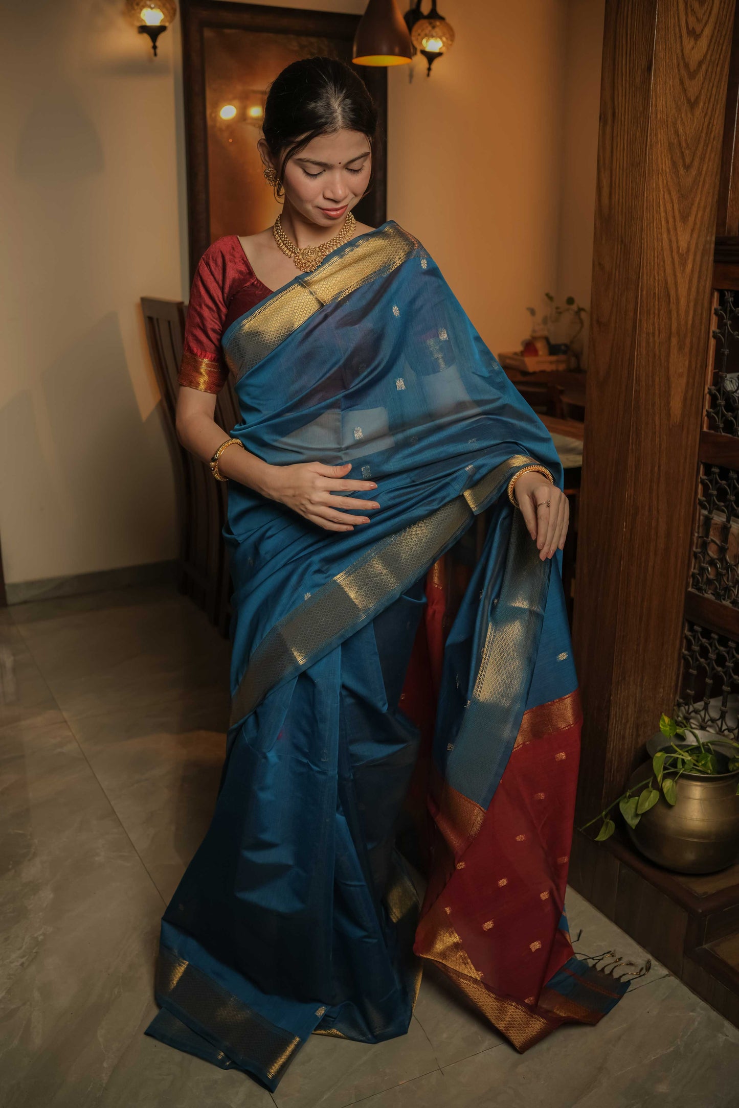 Blue Maheshwari Mulberry Silk Saree