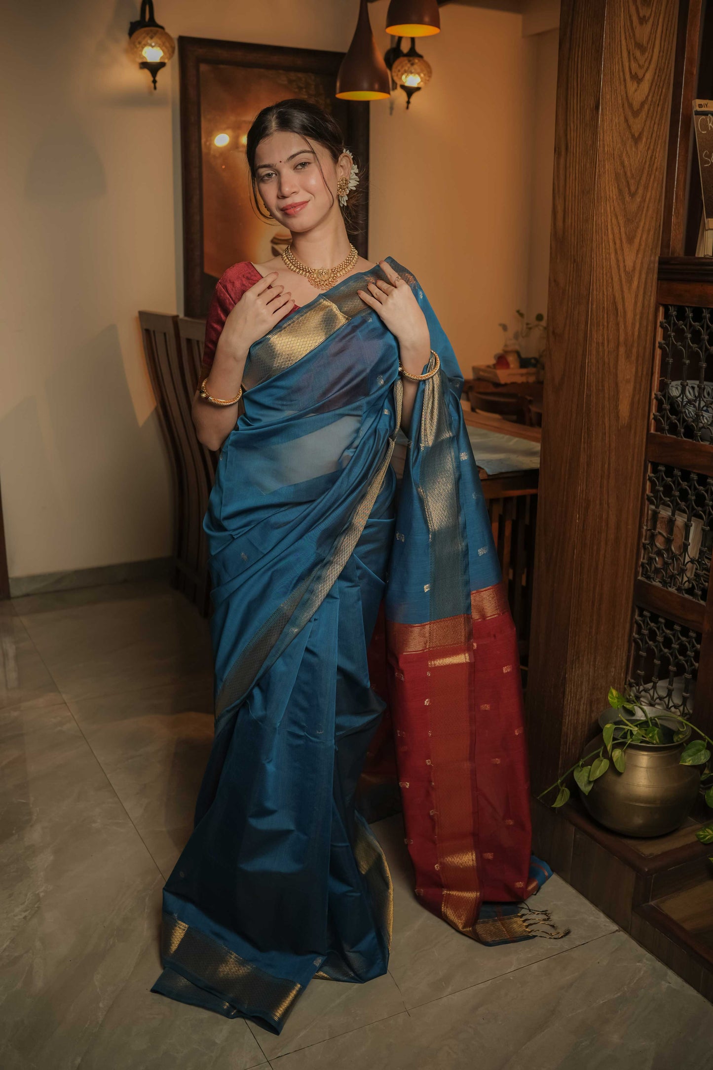 Blue Maheshwari Mulberry Silk Saree