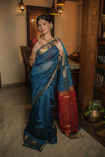 Blue Maheshwari Mulberry Silk Saree
