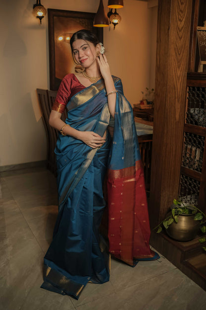 Blue Maheshwari Mulberry Silk Saree