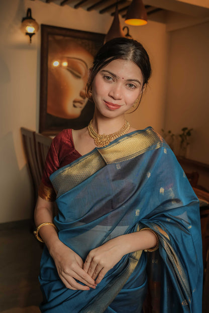 Blue Maheshwari Mulberry Silk Saree