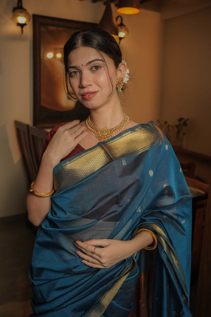 Blue Maheshwari Mulberry Silk Saree