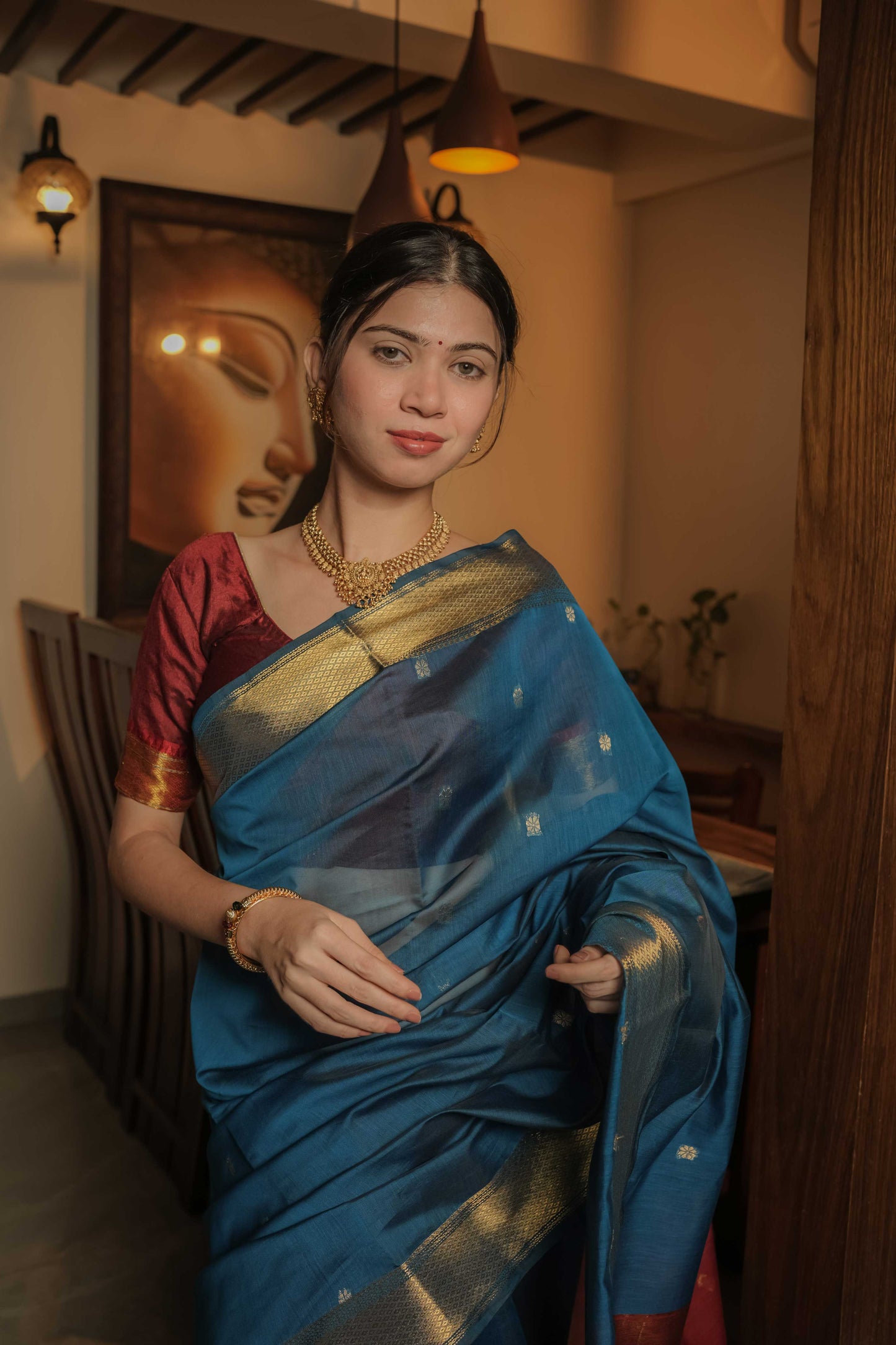 Blue Maheshwari Mulberry Silk Saree