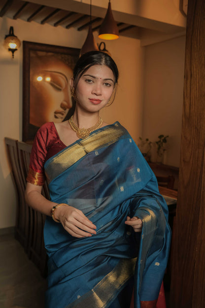 Blue Maheshwari Mulberry Silk Saree