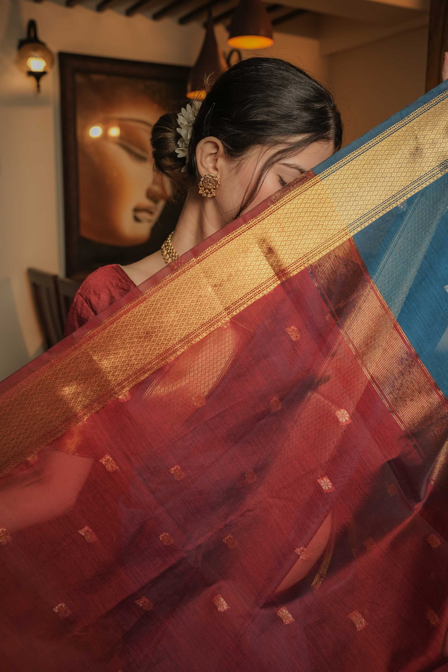 Blue Maheshwari Mulberry Silk Saree