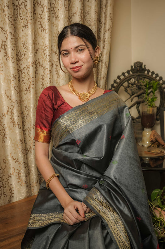 Grey Dolabedi Mulberry Silk Saree