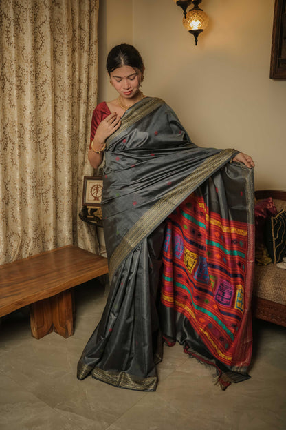 Grey Dolabedi Mulberry Silk Saree