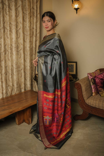 Grey Dolabedi Mulberry Silk Saree