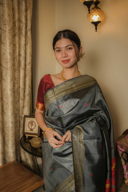 Grey Dolabedi Mulberry Silk Saree