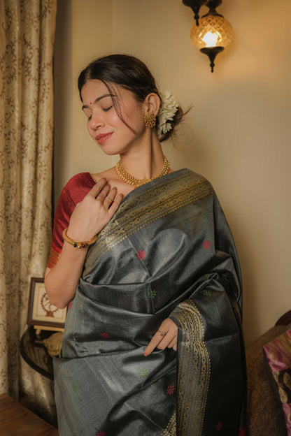 Grey Dolabedi Mulberry Silk Saree