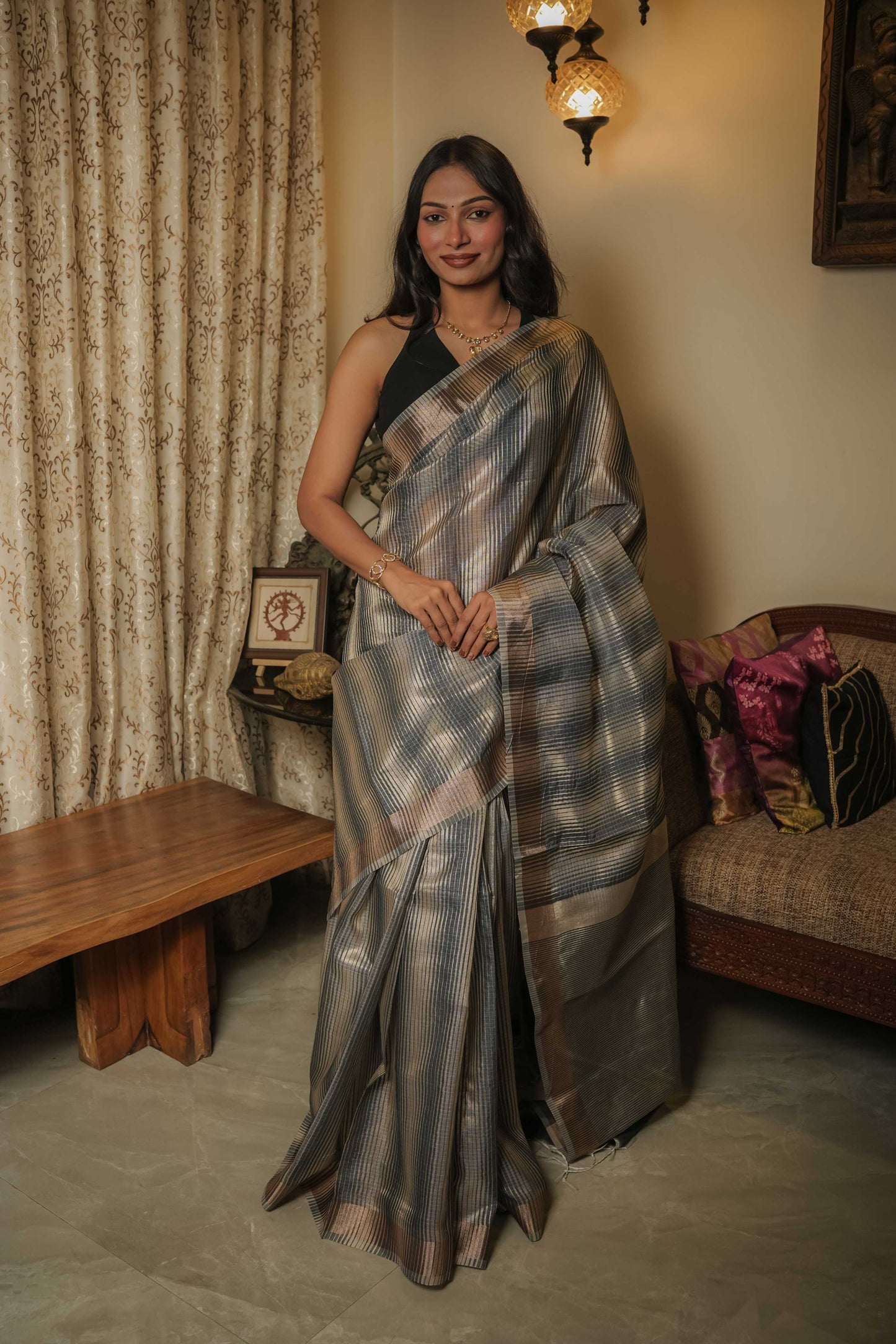 Silver & Black Cotton Silk Saree