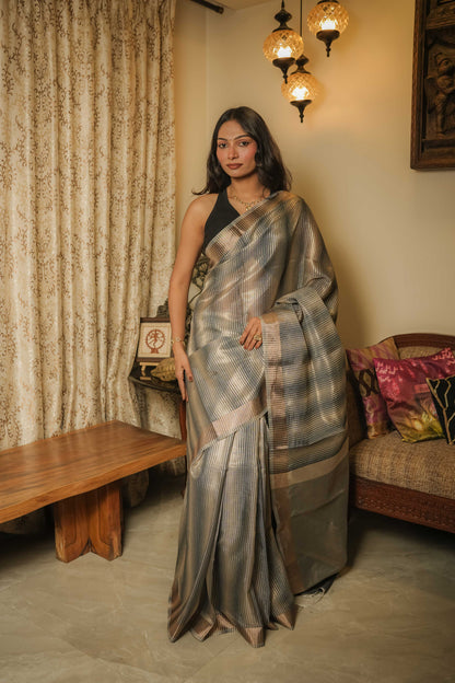 Silver & Black Cotton Silk Saree