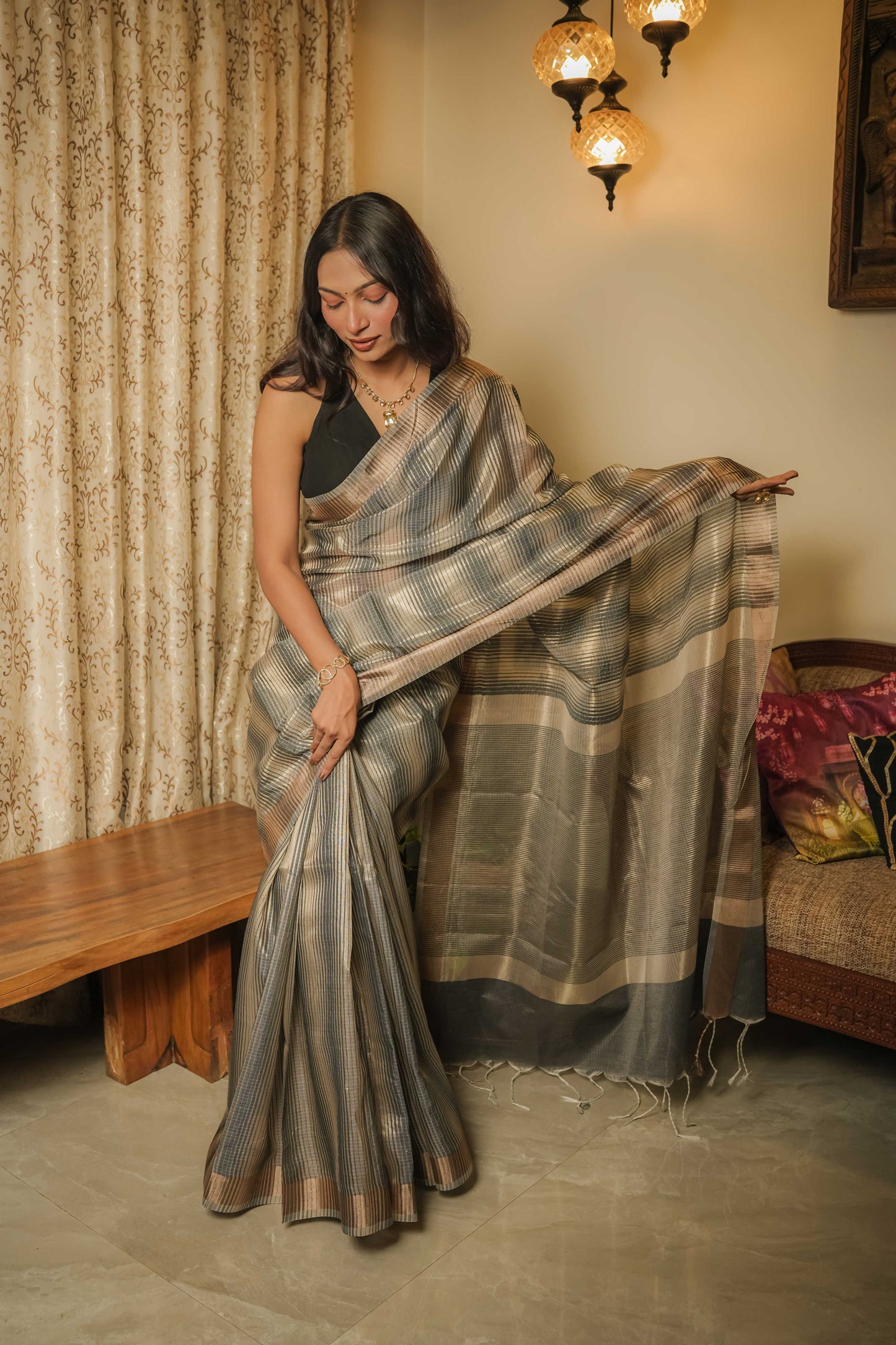 Silver & Black Cotton Silk Saree