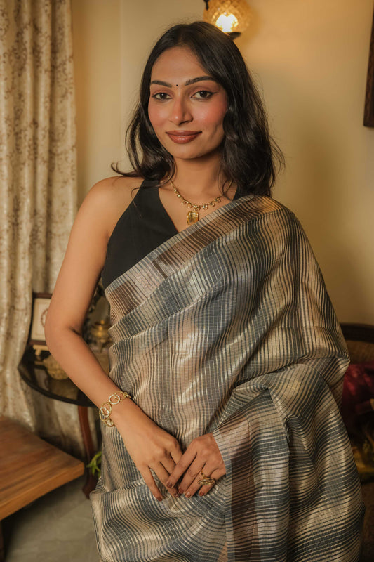 Silver & Black Cotton Silk Saree
