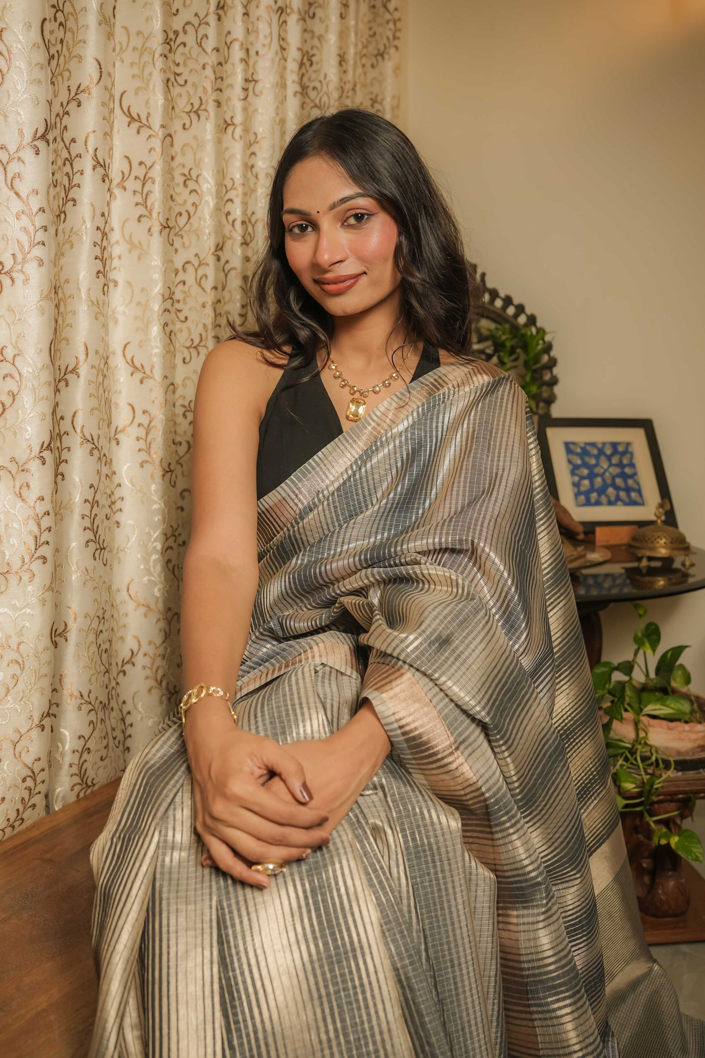 Silver & Black Cotton Silk Saree