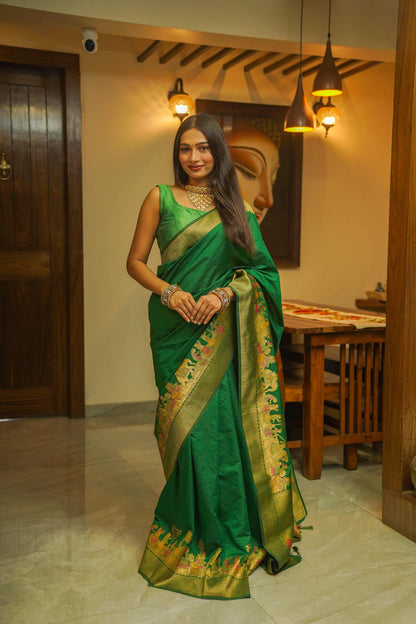 Green Silk Saree With Meenakari Work