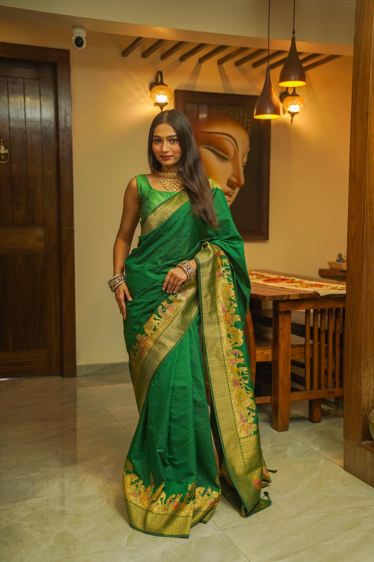 Green Silk Saree With Meenakari Work