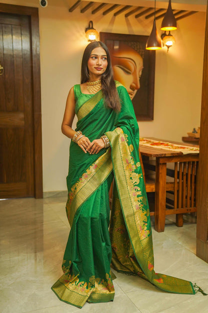 Green Silk Saree With Meenakari Work