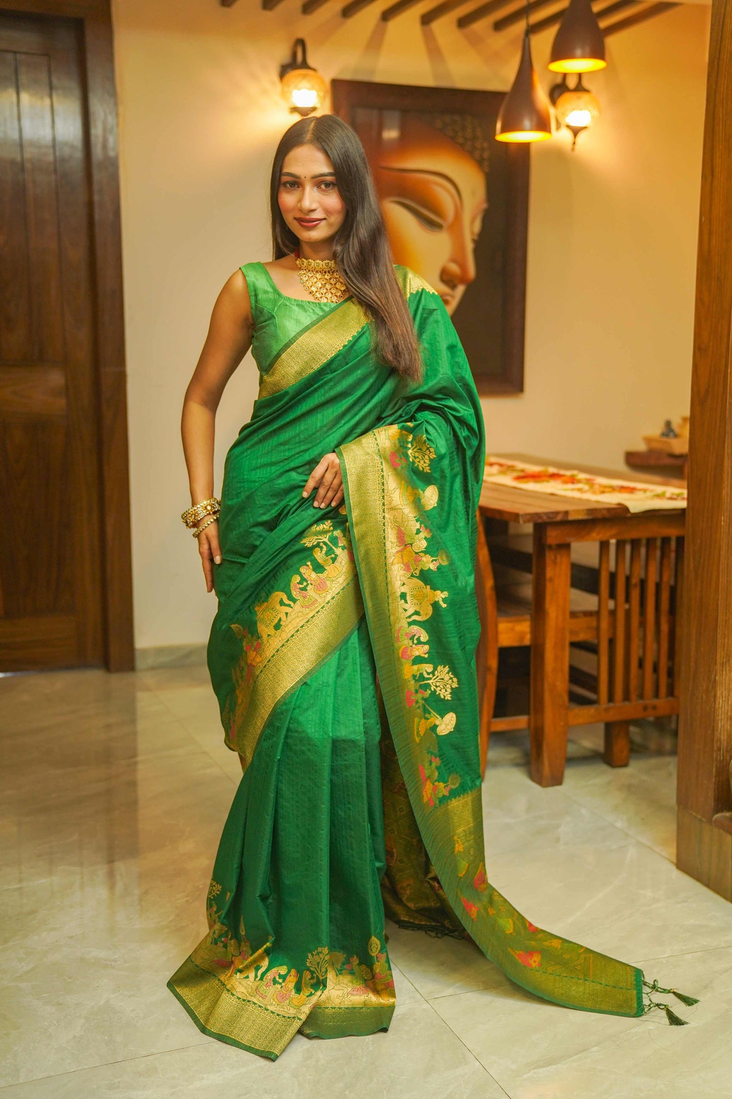 Green Silk Saree With Meenakari Work