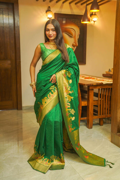 Green Silk Saree With Meenakari Work