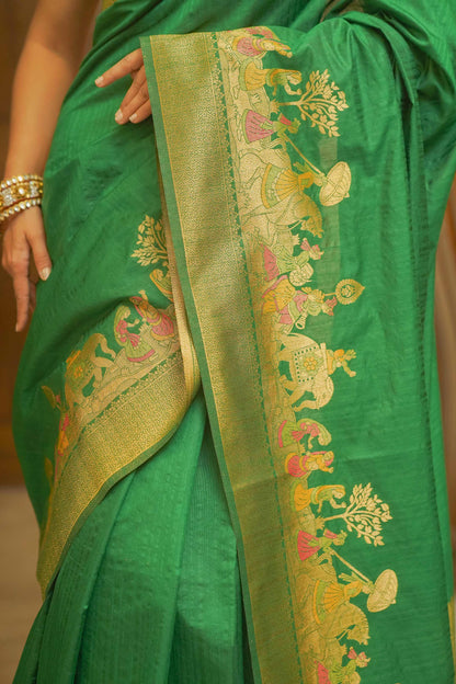 Green Silk Saree With Meenakari Work