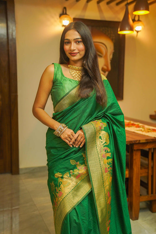 Green Silk Saree With Meenakari Work