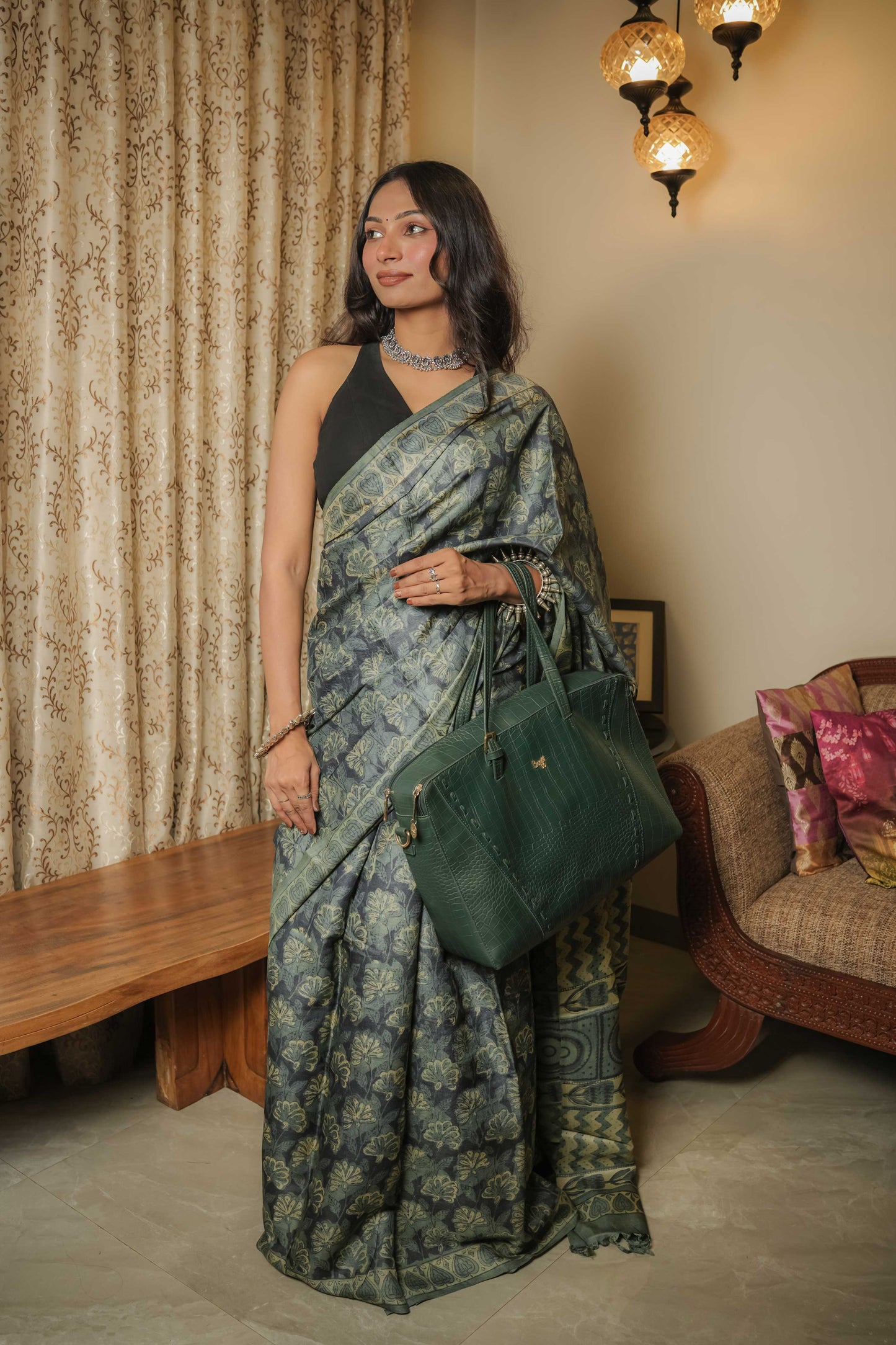 Multicoloured Tussar Handblock Vegetable Dye Saree