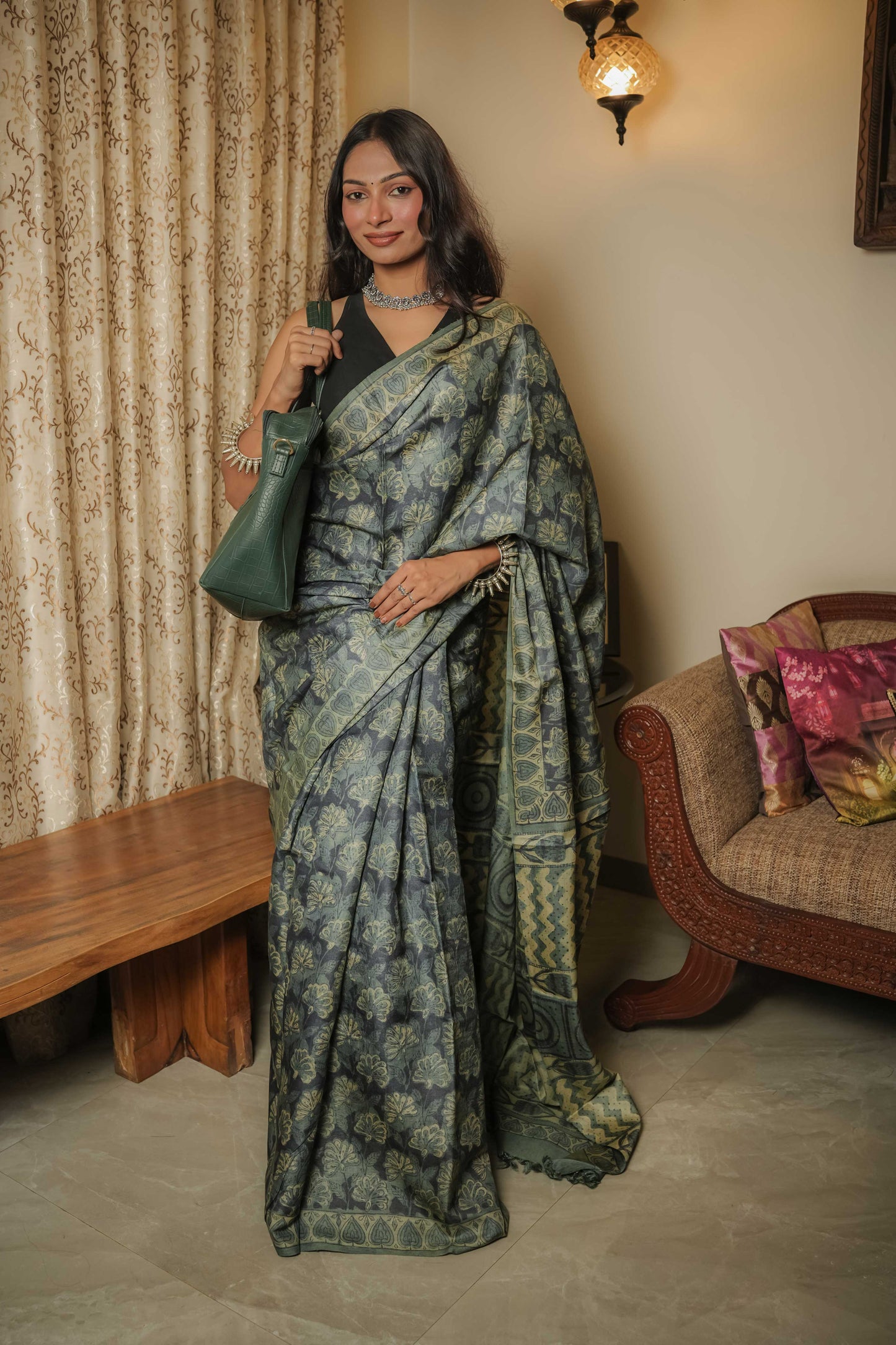 Multicoloured Tussar Handblock Vegetable Dye Saree