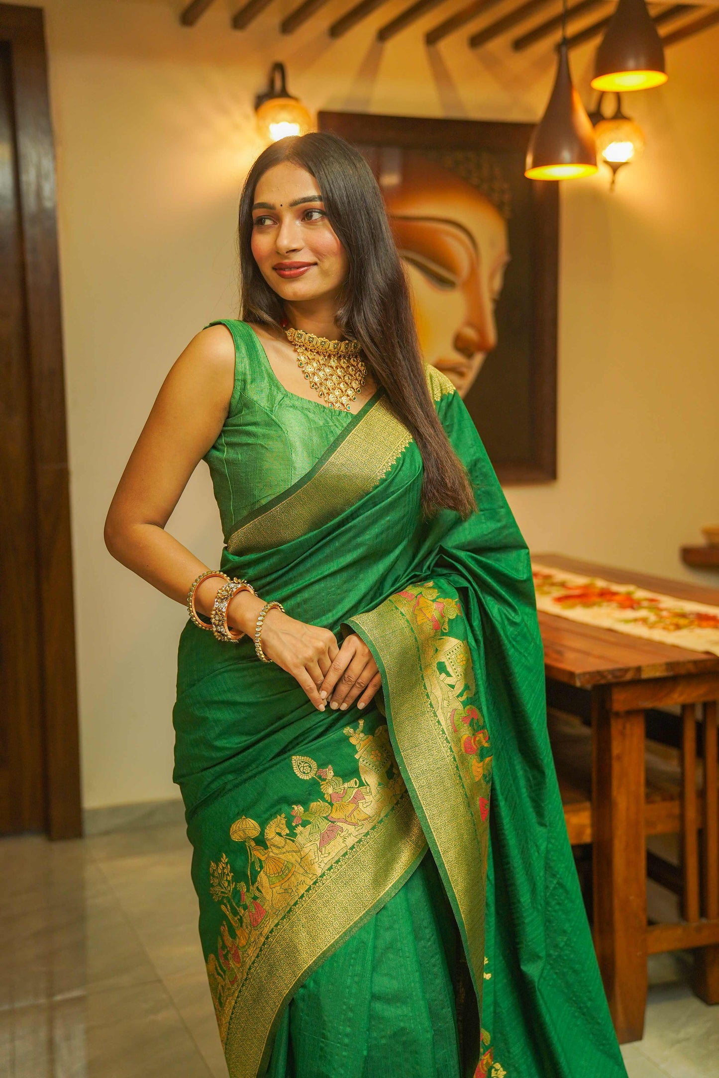 Green Silk Saree With Meenakari Work