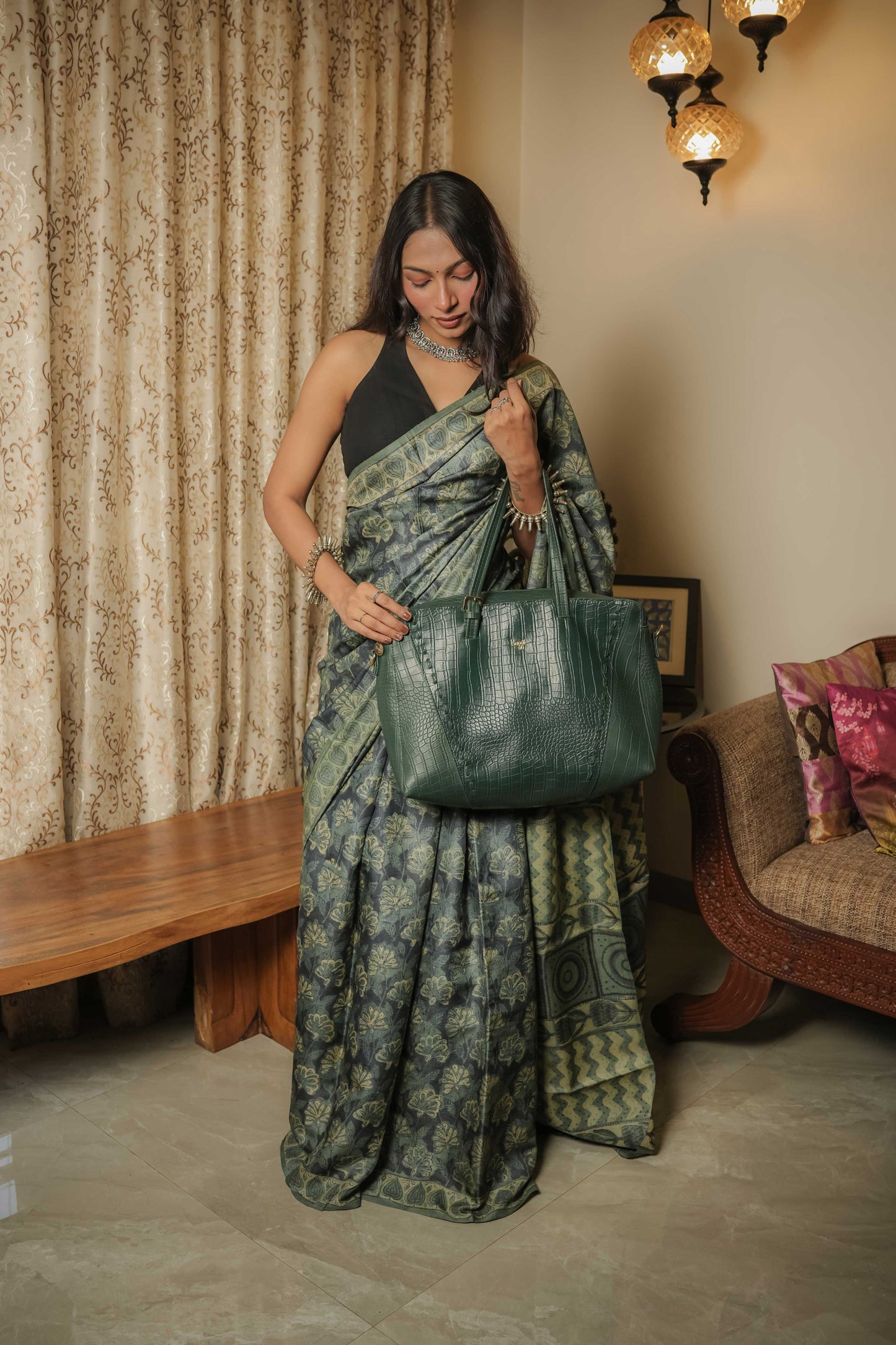 Multicoloured Tussar Handblock Vegetable Dye Saree