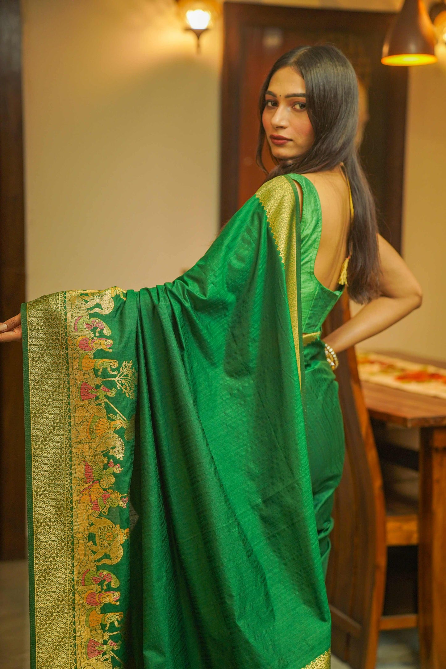 Green Silk Saree With Meenakari Work