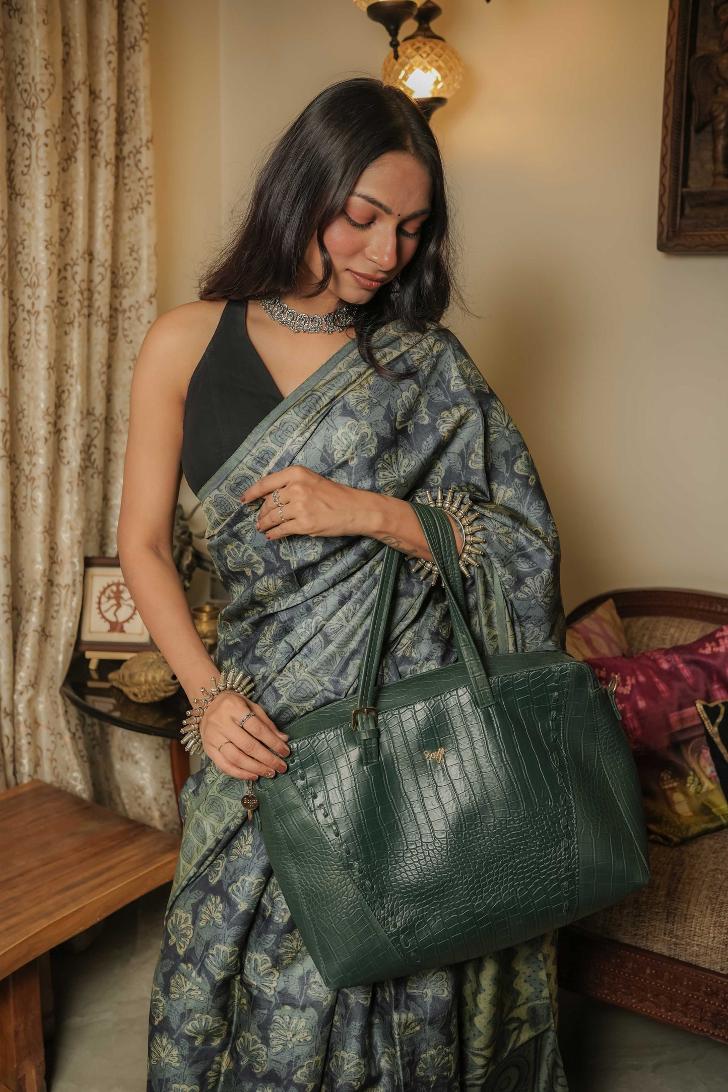Multicoloured Tussar Handblock Vegetable Dye Saree