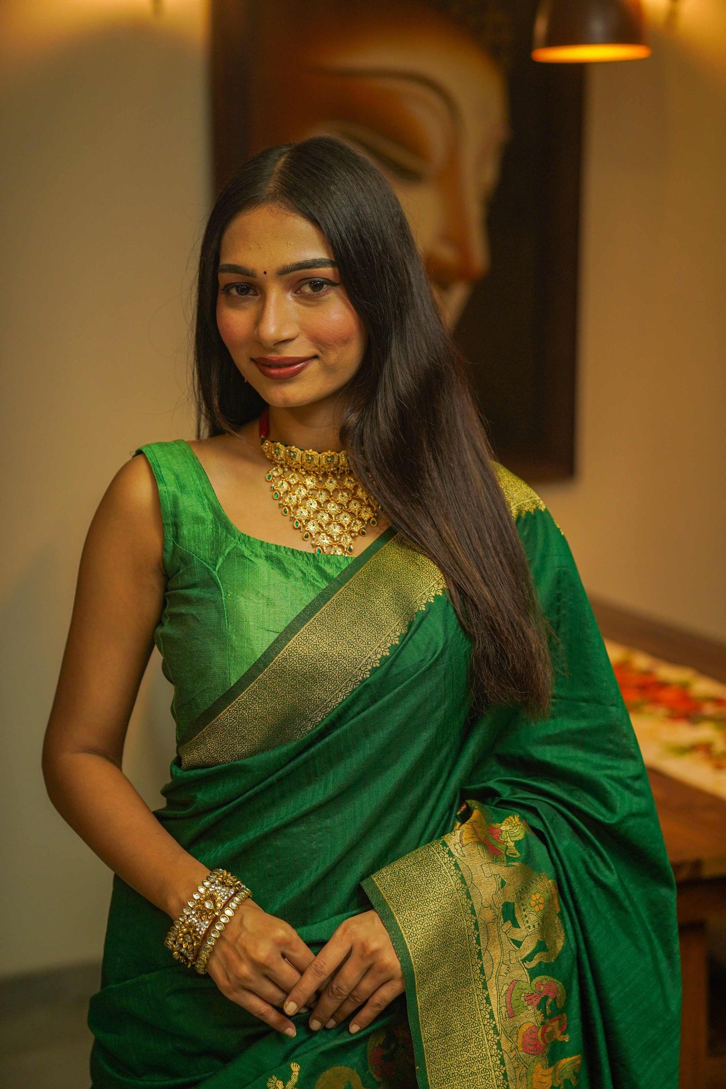 Green Silk Saree With Meenakari Work