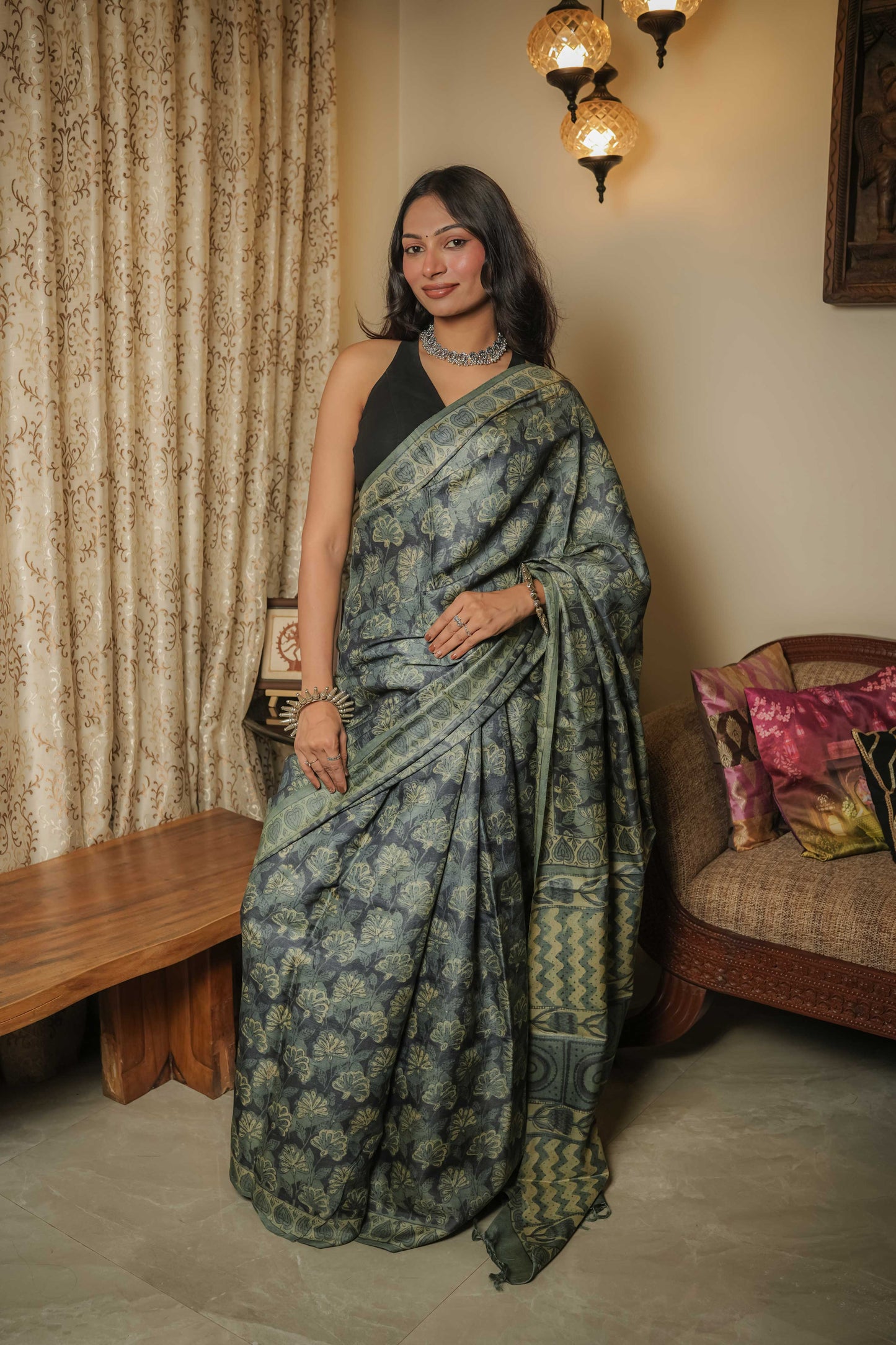 Multicoloured Tussar Handblock Vegetable Dye Saree