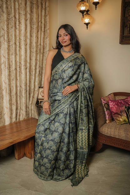 Multicoloured Tussar Handblock Vegetable Dye Saree