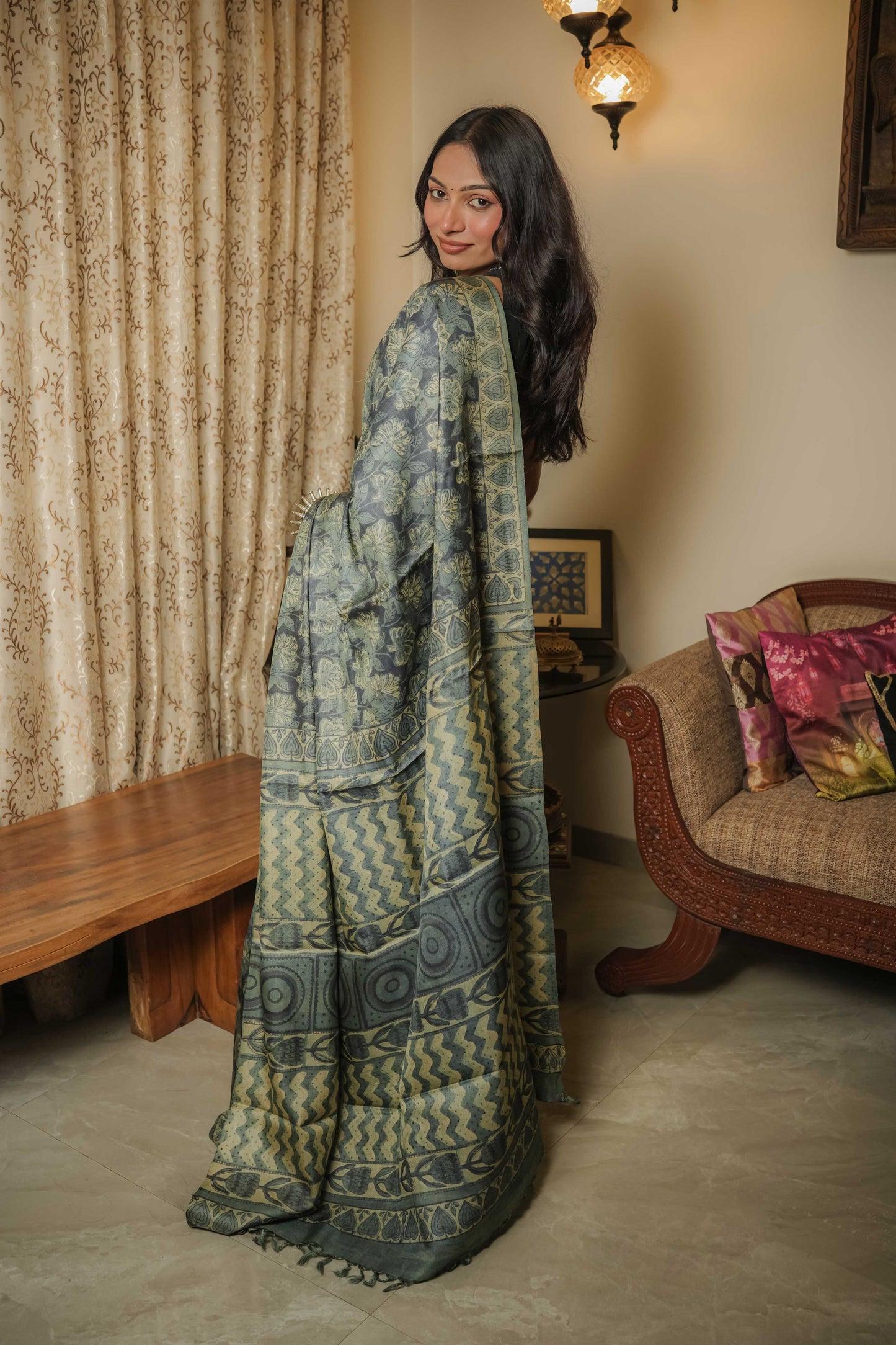 Multicoloured Tussar Handblock Vegetable Dye Saree